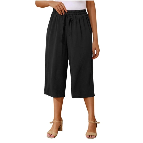 ZyeKqe Capri Pants for Women Wide Leg Knee Length Cropped Lounge Trousers Drawstring Elastic Waisted Summer Capris