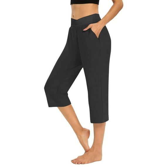 ZyeKqe Capri Pants for Women Workout High Rise Straight Yoga Capris Belly Control Solid Athletic Beach Cropped Pants