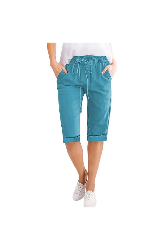 Capri Shorts for Women Drawstring High Waisted Knee Length Shorts Summer Casual Comfy Lounge Shorts