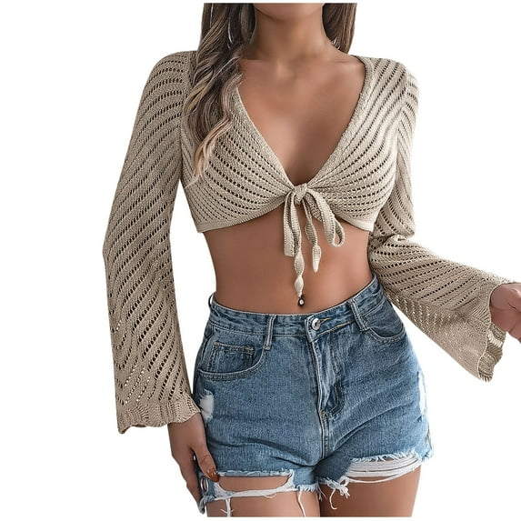 ZyeKqe Cardigan Sweater Womens Crochet Long Sleeve Open-Front Crop Tops Summer Beach Cover up Cute Tops