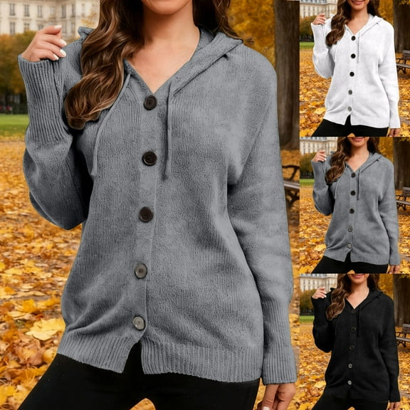 ZyeKqe Cardigan Sweater for Women Long Sleeve Button Front Hooded Ribbed Knit Jacket Fall Fashion Outfits
