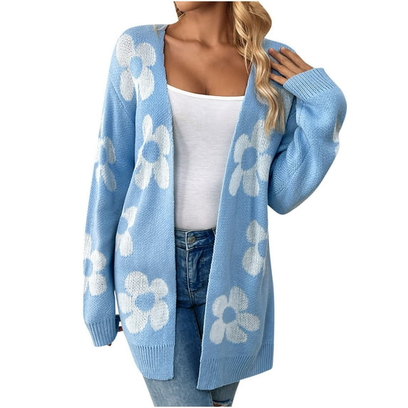 ZyeKqe Cardigan Sweaters for Women V Neck Long Sleeve Open Front Floral Printed Loose Outwear