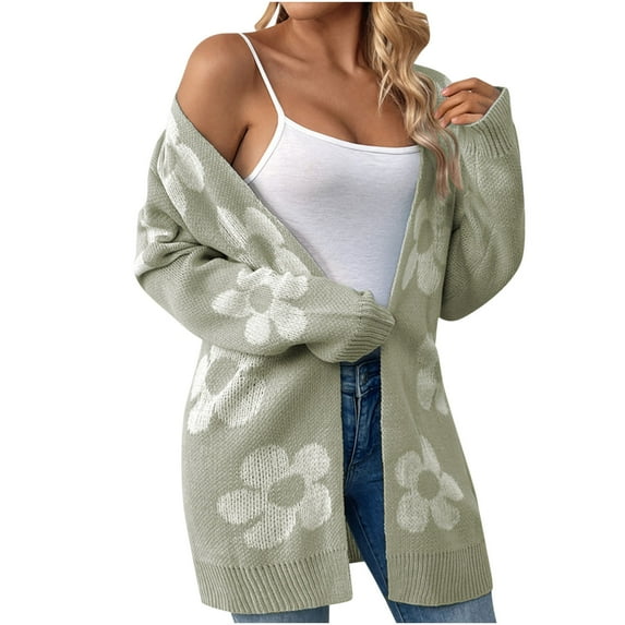 ZyeKqe Cardigan Sweaters for Women V Neck Long Sleeve Open Front Floral Printed Loose Outwear