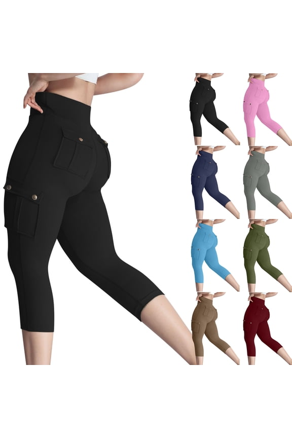 Cargo Capri Leggings with Pockets for Women High Waist Belly Control Butt Lifting Cropped Workout Running Pants