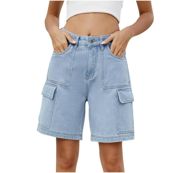 ZyeKqe Cargo Jeans Shorts for Women Knee Length High Waisted Denim Shorts Straight Wide Leg Summer Shorts