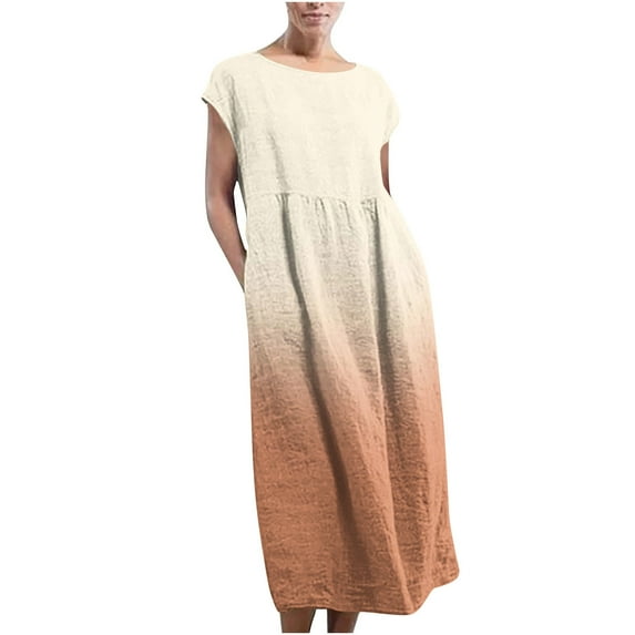 ZyeKqe Casual Dresses for Women Cap Sleeve Cotton Linen Maxi Dress Crewneck Gradient Color Long Dress with Pockets