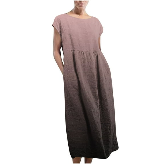 ZyeKqe Casual Dresses for Women Cap Sleeve Cotton Linen Maxi Dress Crewneck Gradient Color Long Dress with Pockets