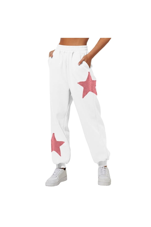 Cinch Bottom Sweatpants for Women Drawstring Elastic Waist Fleece Pants Star Print Baggy Joggers with Pockets