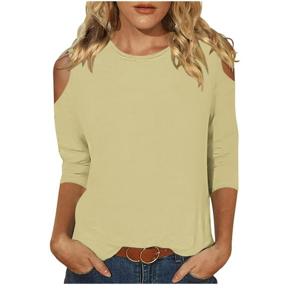 ZyeKqe Cold Shoulder Tops for Women 3/4 Sleeve Shirts Casual Crewneck Top Solid Color Going out Tops Loose Fitted Blouses