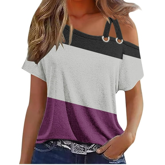 ZyeKqe Cold Shoulder Tops for Women Casual Summer Short Sleeve Tunics Strappy Color Block Tee Shirts