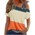 thumbnail image 1 of ZyeKqe Cold Shoulder Tops for Women Casual Summer Short Sleeve Tunics Strappy Color Block Tee Shirts, 1 of 4