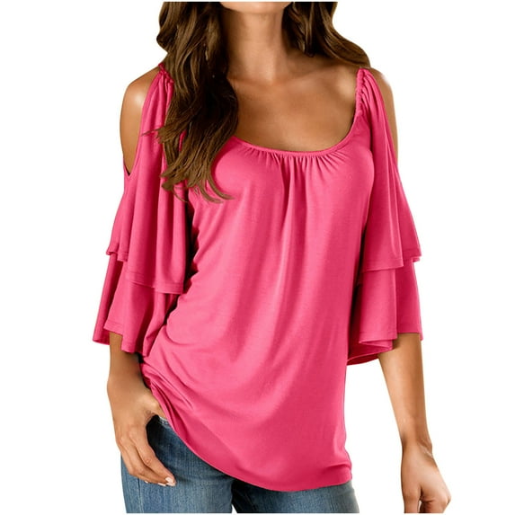 ZyeKqe Cold Shoulder Tops for Women Ruffle Short Sleeve Shirts Square Neck Going out Tops Double Layered Dressy Casual Blouses