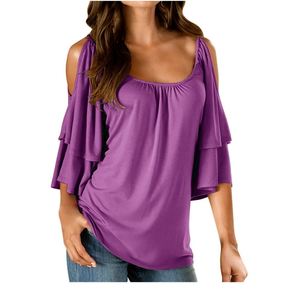 ZyeKqe Cold Shoulder Tops for Women Ruffle Short Sleeve Shirts Square Neck Going out Tops Double Layered Dressy Casual Blouses