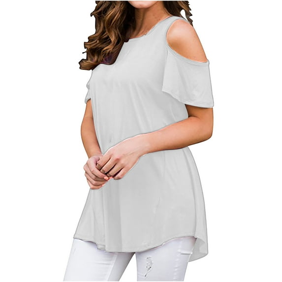 ZyeKqe Cold Shoulder Tops for Women Short Sleeve Shirts Crewneck Dressy Casual Blouses Pleated Tunic Tops