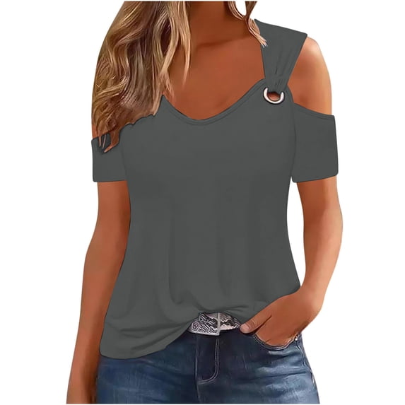 ZyeKqe Cold Shoulder Tops for Women Short Sleeve Tunic Tops Scoop Neck Chain Strap Tank Tops Pleated Dressy Casual Blouses