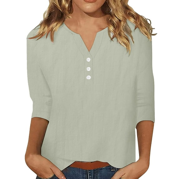 ZyeKqe Cotton Linen 3/4 Length Sleeve Tops for Women Button V Neck T Shirts Solid Color Blouses Loose Fitted Tunic Top