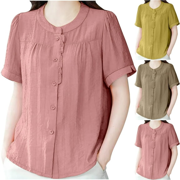 ZyeKqe Cotton Linen Button down Shirts for Women Short Sleeve Shirts Crewneck Dressy Casual Blouses