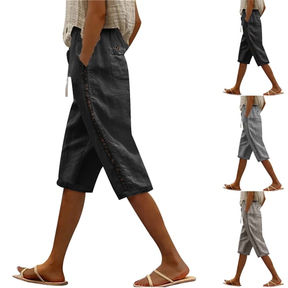 ZyeKqe Cotton Linen Capri Pants for Women Drawstring High Waisted Summer Capris Straight Wide Leg Cropped Beach Pants