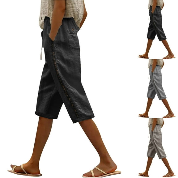 ZyeKqe Cotton Linen Capri Pants for Women Drawstring High Waisted Summer Capris Straight Wide Leg Cropped Beach Pants