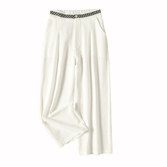 ZyeKqe Cotton Linen Capri Pants for Women High Waisted Pull on Pants Straight Wide Leg Lightweight Cropped Pants