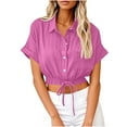 thumbnail image 1 of ZyeKqe Cotton Linen Cropped Shirts for Women Button down Short Sleeve Shirts Drawstring Hem Summer Top, 1 of 6