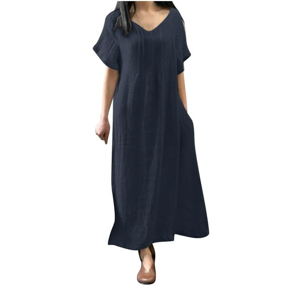 ZyeKqe Cotton Linen Maxi Dress for Women Short Sleeve V Neck Long Dress Casual Loose Flowy Dress with Pockets