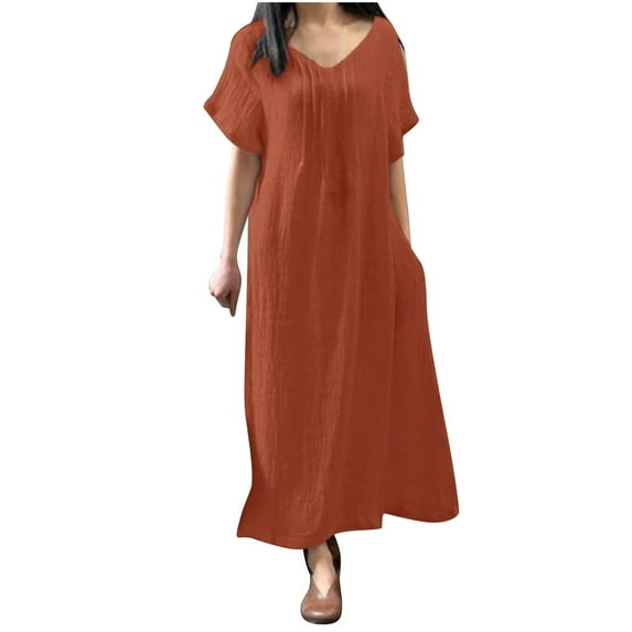 ZyeKqe Cotton Linen Maxi Dress for Women Short Sleeve V Neck Long Dress Casual Loose Flowy Dress with Pockets