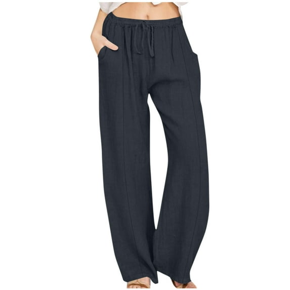 ZyeKqe Cotton Linen Pants Women Drawstring Low Waist Wide Leg Pants Lightweight Summer Casual Beach Long Pants