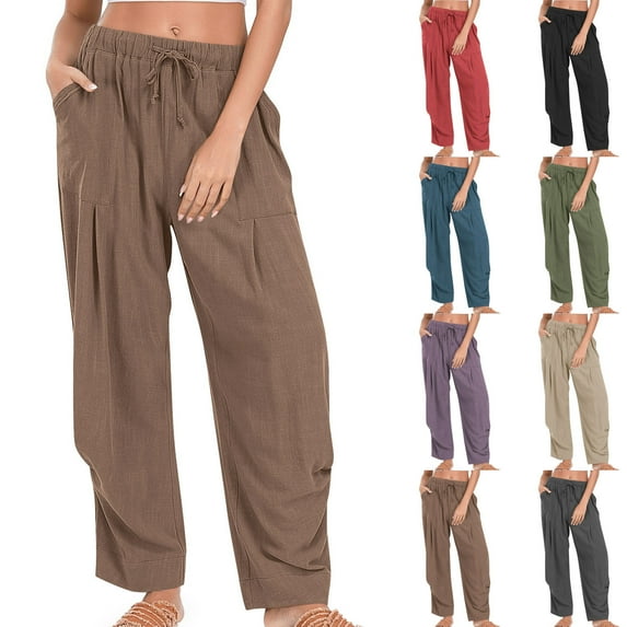 ZyeKqe Cotton Linen Pants for Women Drawstring Low Waisted Casual Pants Straight Wide Leg Baggy Trousers