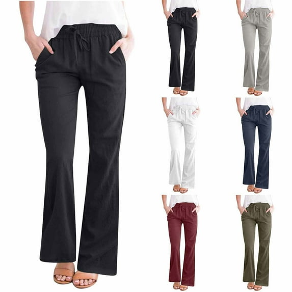 ZyeKqe Cotton Linen Pants for Women Drawstring Low Waisted Flare Pants Wide Leg Bell Bottom Trousers