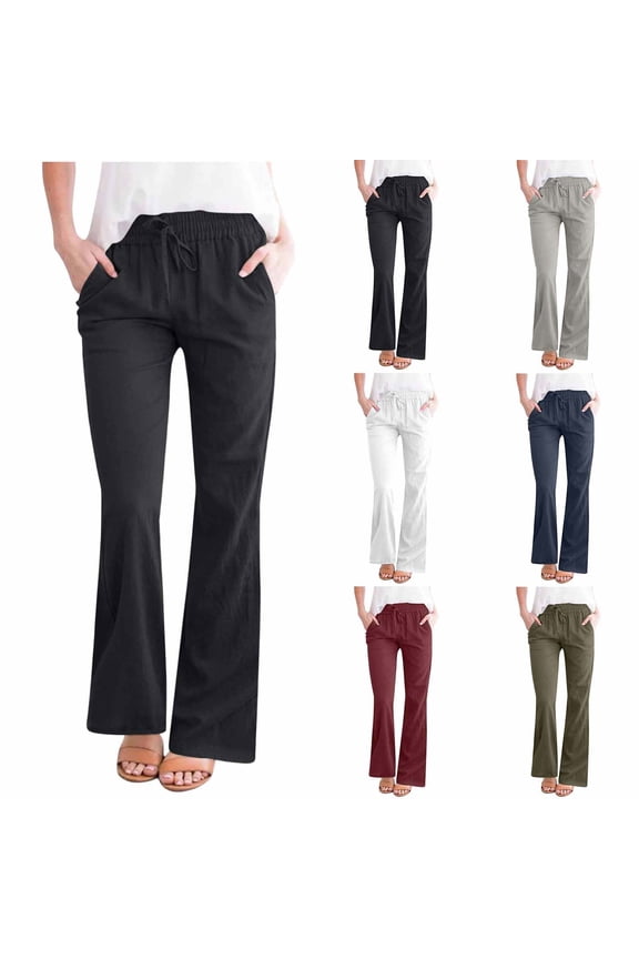 Cotton Linen Pants for Women Drawstring Low Waisted Flare Pants Wide Leg Bell Bottom Trousers