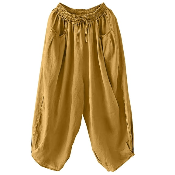 ZyeKqe Cotton Linen Pants for Women Summer Casual Wide Leg Capri Pants Comfy Cropped Palazzo Pants with Pockets