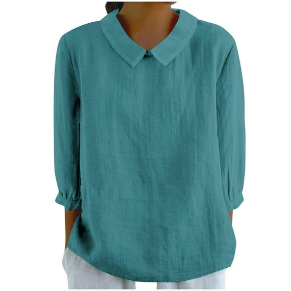 ZyeKqe Cotton Linen Shirt for Women 3/4 Sleeve Length Top V Neck Casual Loose Plus Size Blouses