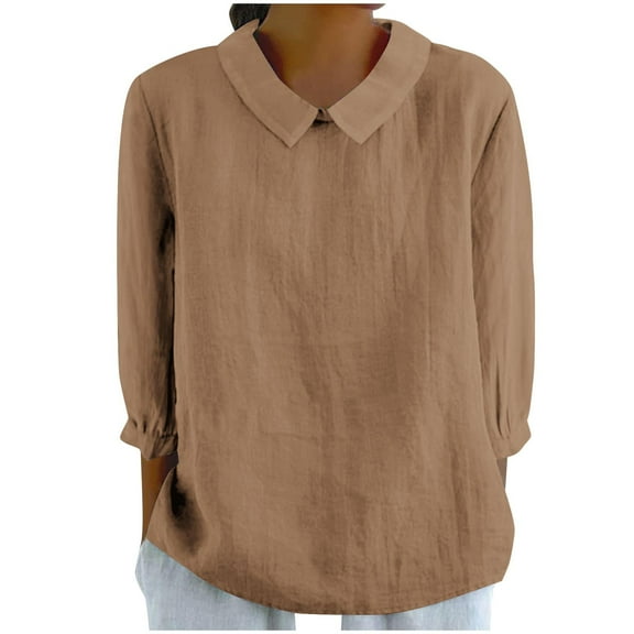 ZyeKqe Cotton Linen Shirt for Women 3/4 Sleeve Length Top V Neck Casual Loose Plus Size Blouses
