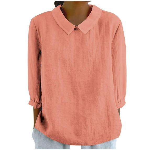 ZyeKqe Cotton Linen Shirt for Women 3/4 Sleeve Length Top V Neck Casual Loose Plus Size Blouses