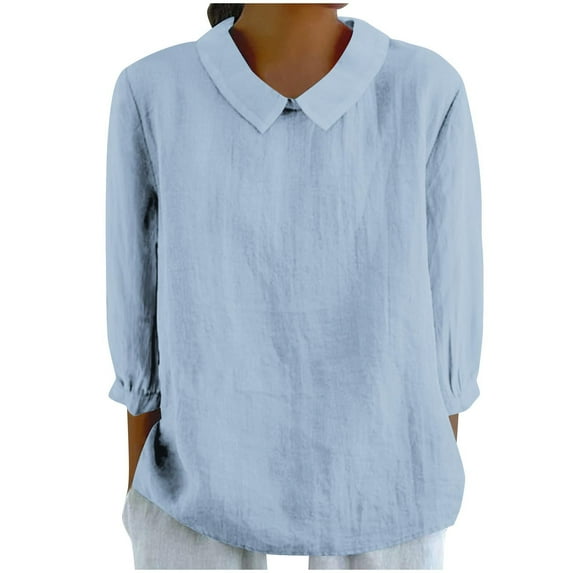 ZyeKqe Cotton Linen Shirt for Women 3/4 Sleeve Length Top V Neck Casual Loose Plus Size Blouses