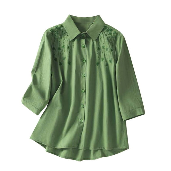 ZyeKqe Cotton Linen Shirts for Women 3/4 Sleeve Tops Collared V Neck Dressy Casual Blouses Embroidered Summer TopsM-XXL