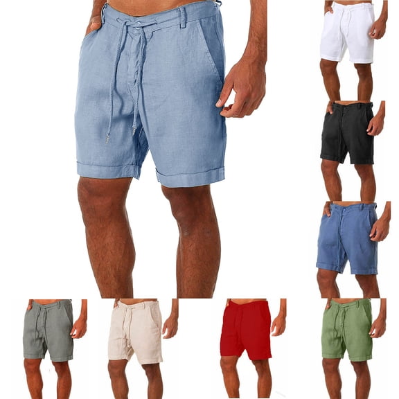 ZyeKqe Cotton Linen Shorts for Men Drawstring High Waisted Cargo Shorts Knee Length Summer Casual Loose Shorts