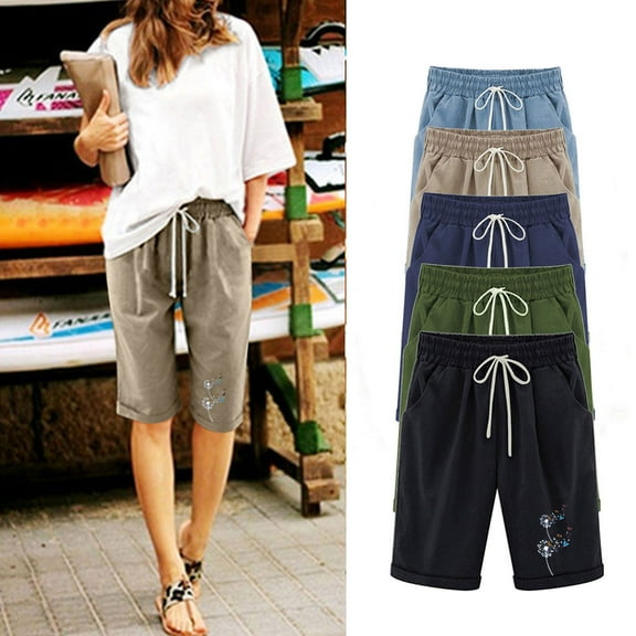 ZyeKqe Cotton Linen Shorts for Women Drawstring High Waisted Kneen Length Shorts Graphic Print Summer Casual Comfy Shorts