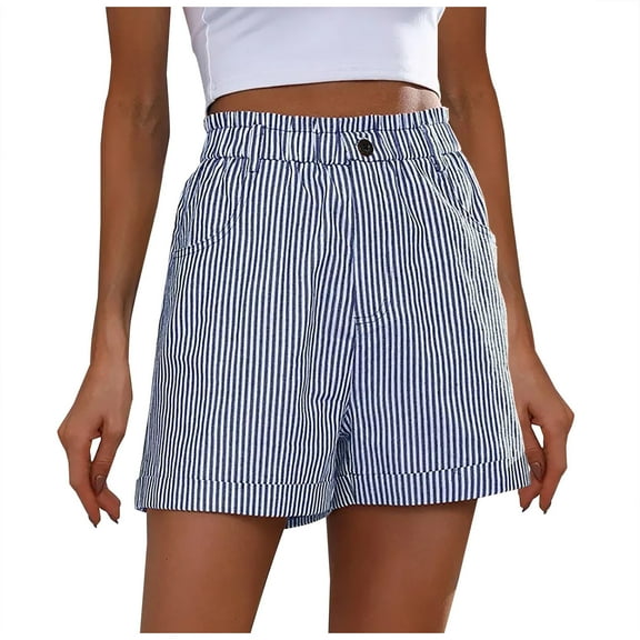 ZyeKqe Cotton Linen Shorts for Women Elastic Waisted Lounge Shorts Striped Pull on Casual Comfy Summer Shorts