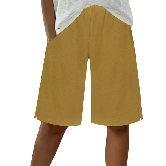 ZyeKqe Cotton Linen Shorts for Women High Waisted Pull on Shorts Straight Wide Leg Casual Summer Shorts