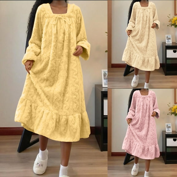 ZyeKqe Fleece Pajamas Dresses Womens Casual Warm Winter Long Sleeve Mid-Length Sleepwear Nightgown Homewear Nightdress