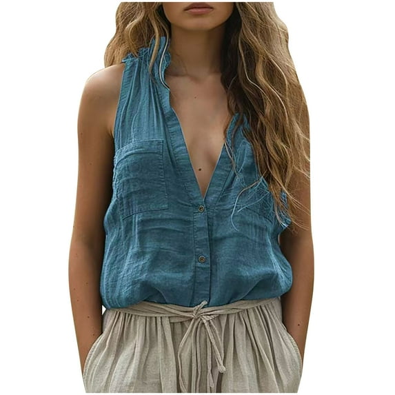 ZyeKqe Cotton Linen Tank Tops for Women Button down Vest Ruffle V Neck Sleeveless Blouses Top