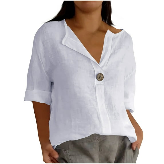 ZyeKqe Cotton Linen Tops for Women 3/4 Length Sleeve Shirts Casual V Neck Top Loose Fitted Blouses