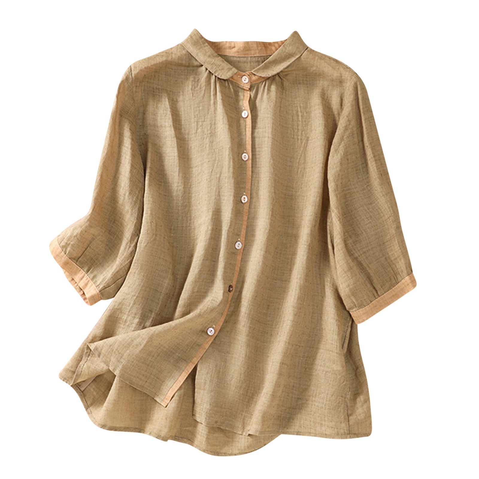 ZyeKqe Cotton Linen Tops for Women 3/4 Sleeve Button down Shirts Casual ...