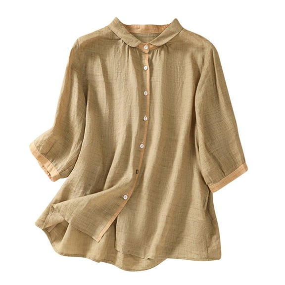 ZyeKqe Cotton Linen Tops for Women 3/4 Sleeve Button down Shirts Casual V Neck T Shirts Lightweight Summer Top