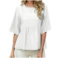thumbnail image 1 of ZyeKqe Cotton Linen Tops for Women Half Sleeve Business Shirts Crewneck Ruffle Hem Pleated Work Blouses, 1 of 9