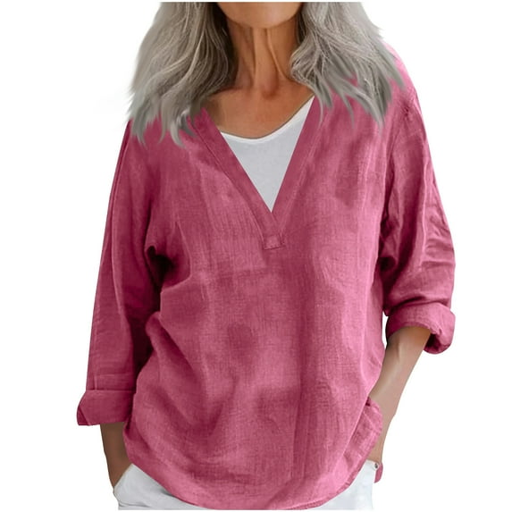 ZyeKqe Cotton Linen Tops for Women Long Sleeve Shirts Casual V Neck Top Loose Fitted Tunic Tops