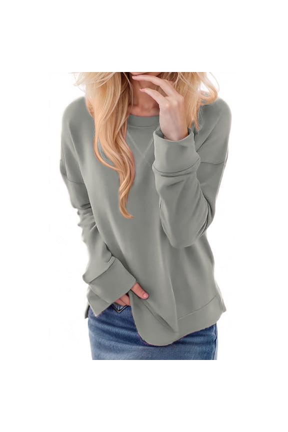 Crewneck Sweatshirts for Women Long Sleeve Shirts Side Split Loose Fitted Pullover Tops Solid Color