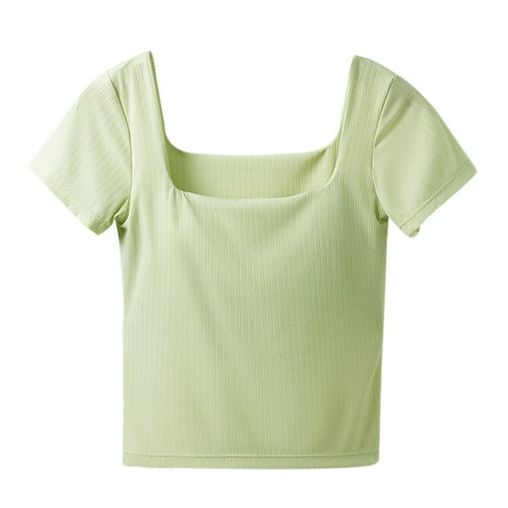 ZyeKqe Crop Tops for Women Built in Bra Short Sleeve Undershirts Square Neck Base Layer Top Slim Fitted Tees